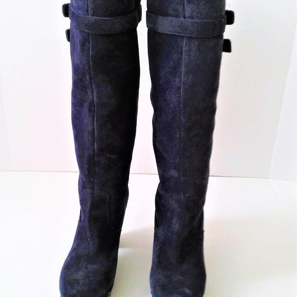 Women Knee High Marine blue Suede Platform Boots 6 - Picture 3 of 5